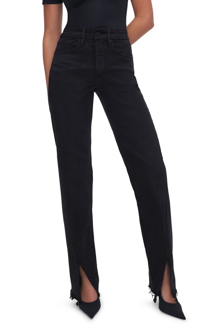 Good American Distressed Black Twisted Slit Raw Hem Denim Jeans Size 10 / 30